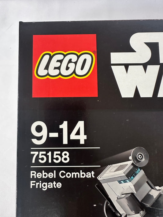 LEGO Rebel Combat Frigate packaging with model number 75158 on a black background