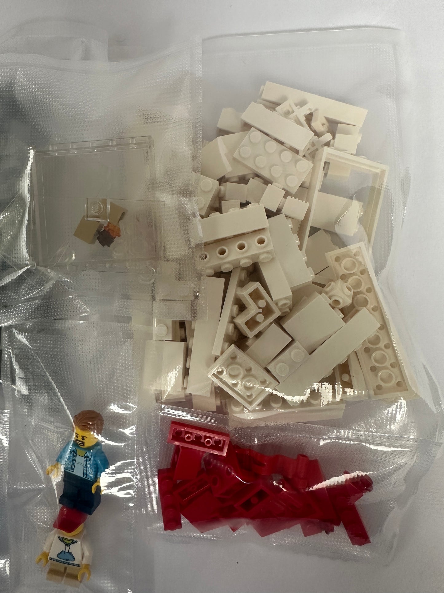 Assorted building blocks including white and red pieces in a clear plastic bag on a white background.