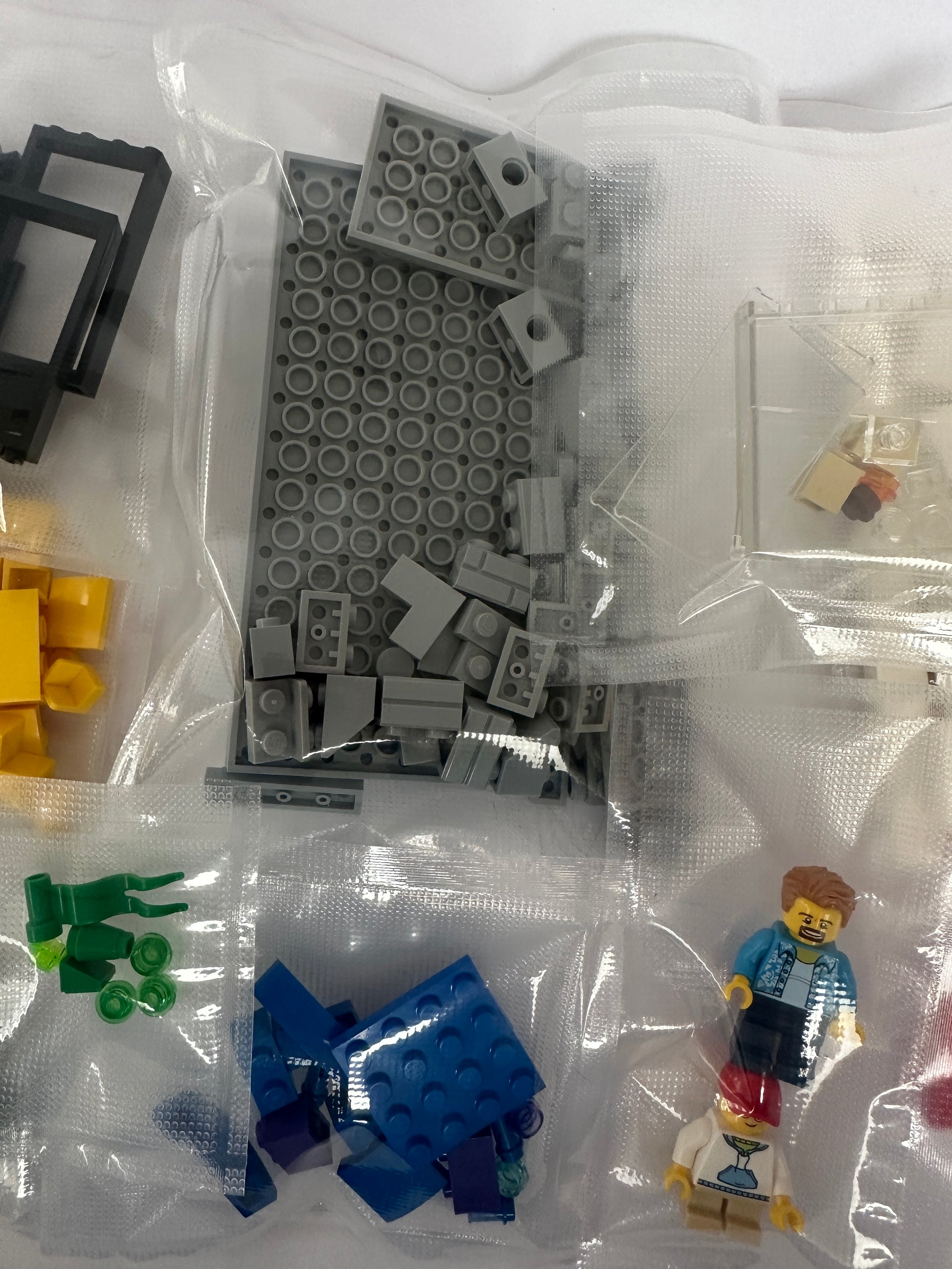 Assorted building blocks and figures in clear plastic bags on a white background