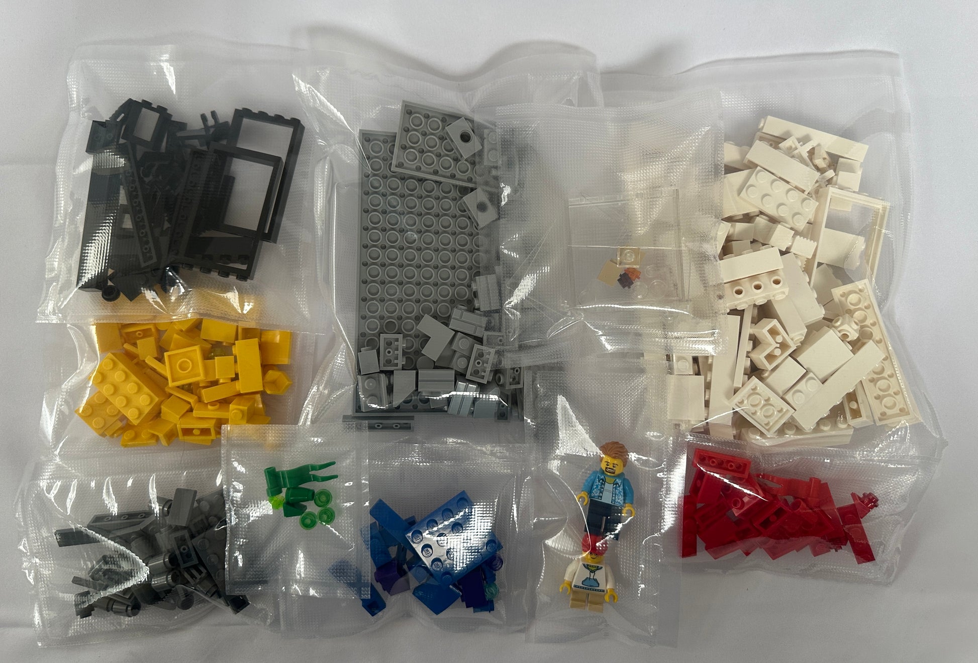 Assorted building blocks in clear plastic bags on a white background