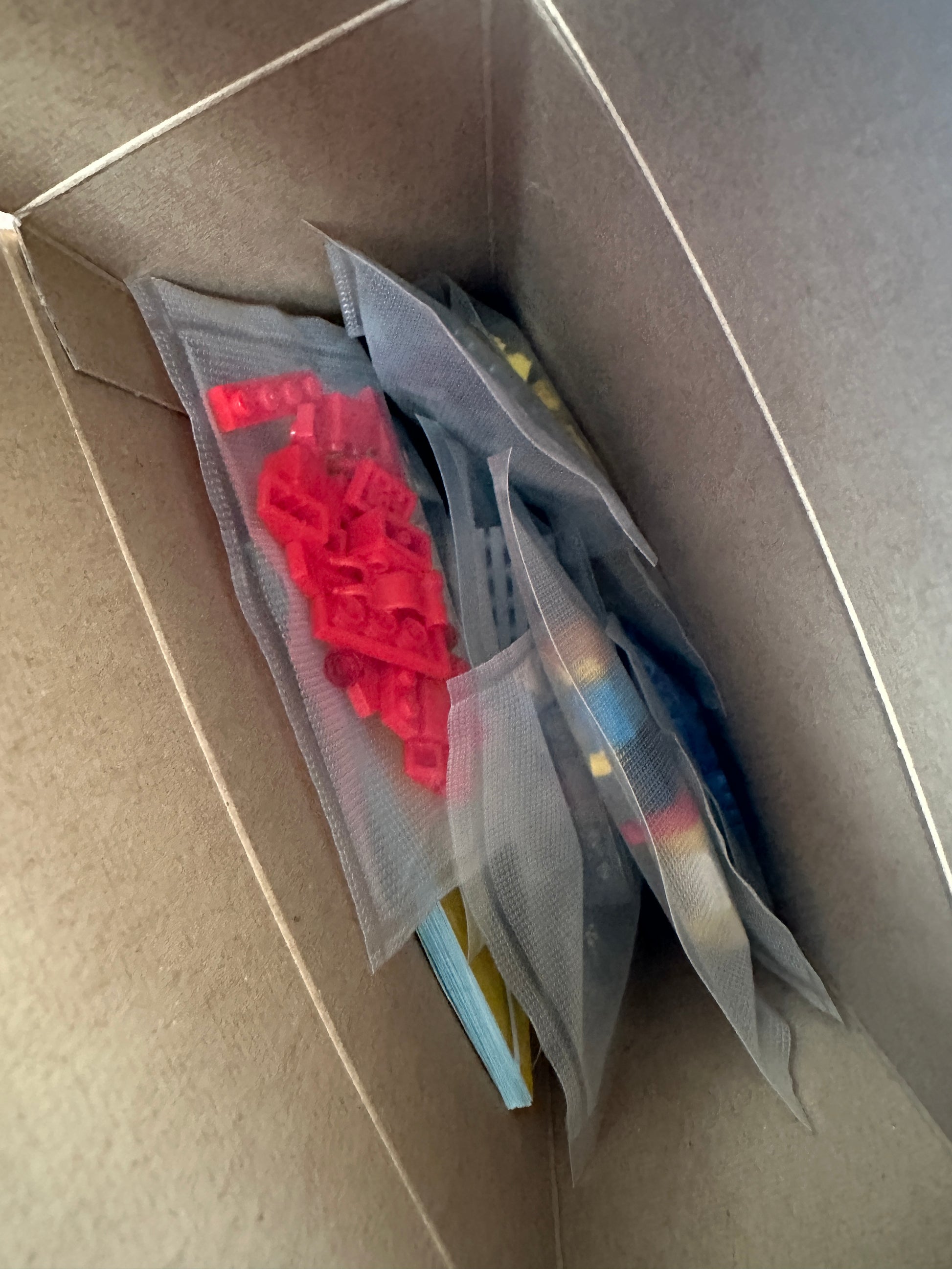 Red plastic component in a clear bag inside a cardboard box