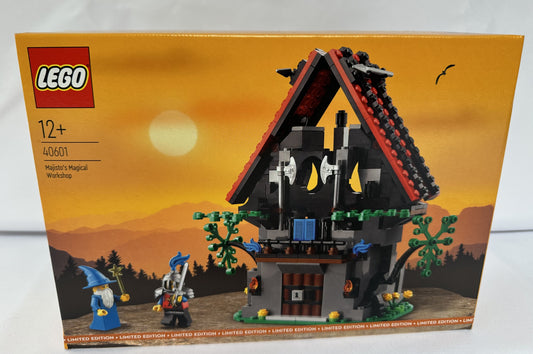 LEGO set packaging with a wizard's house and characters on an orange background