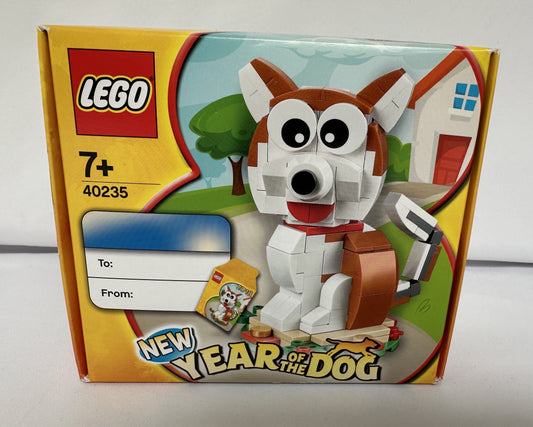 LEGO set packaging for 'New Year of the Dog' with a dog figure on a white background