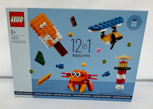 LEGO 12-in-1 kit packaging with various mini models on a blue background