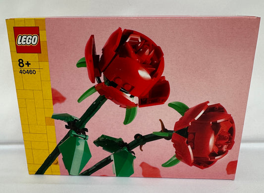 LEGO set packaging with red floral design on a pink background