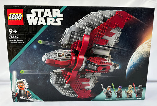 LEGO Star Wars set 75362 packaging with spaceship model and character figures on a black background
