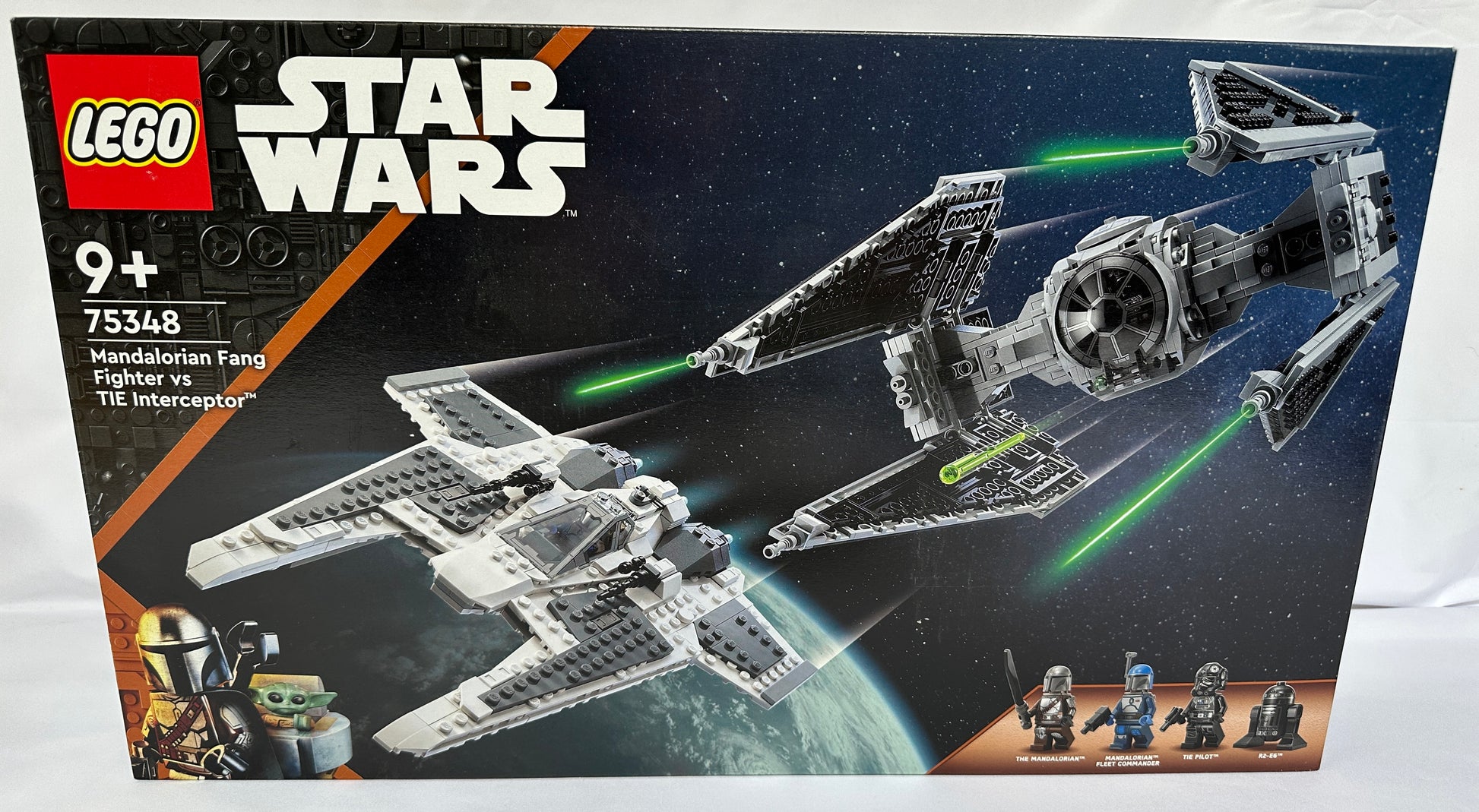 LEGO Star Wars Mandalorian Fang Fighter vs TIE Interceptor set packaging on a white background