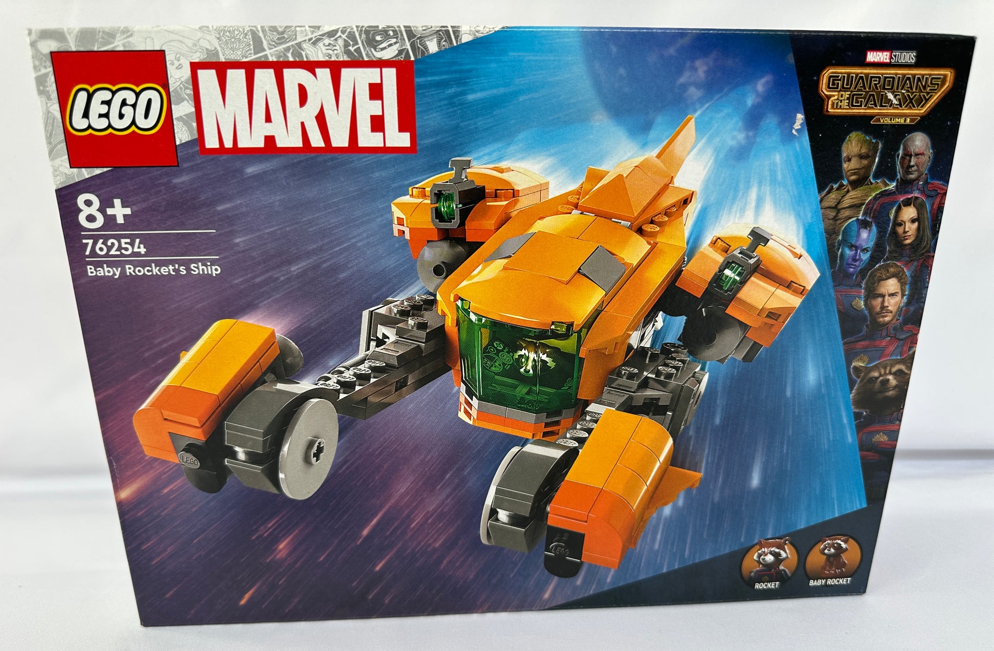 LEGO Marvel Baby Rocket's Ship set packaging on a white background