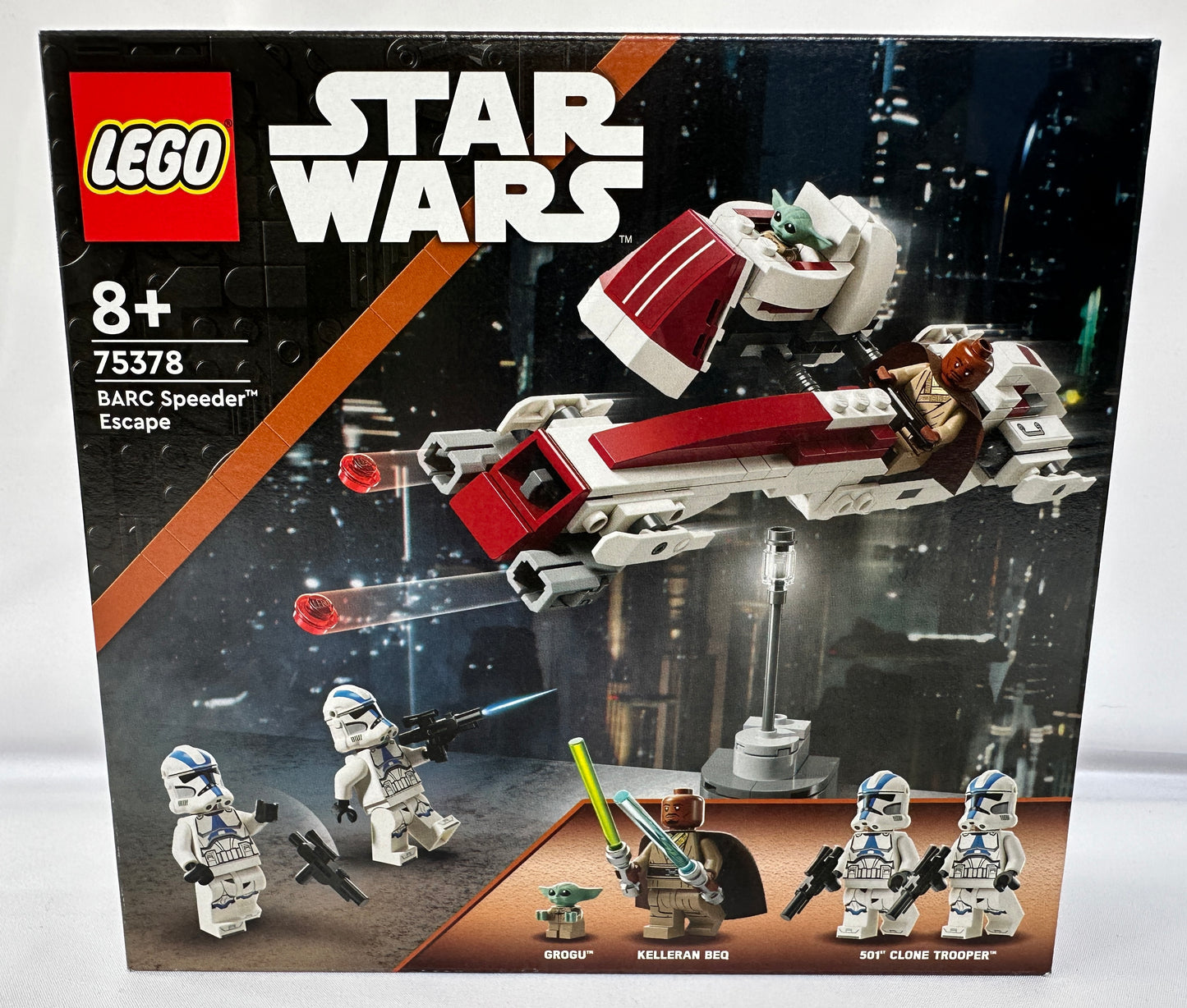 LEGO Star Wars BARC Speeder Escape set packaging with characters and vehicle on a dark background.