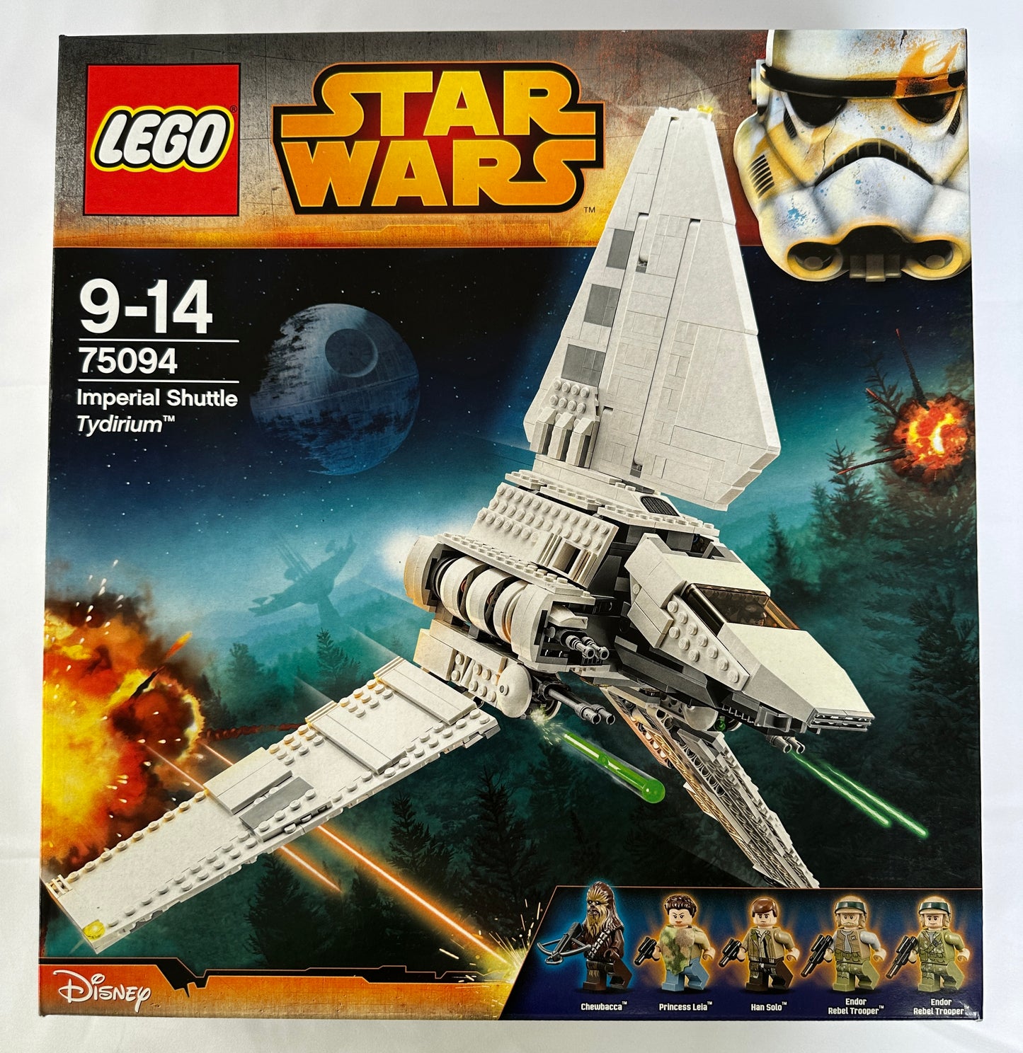 LEGO Star Wars Imperial Shuttle Tydirium packaging with stormtrooper and space battle scene.