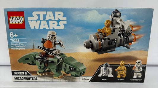 LEGO Star Wars microfighters set packaging with characters and vehicles on a desert landscape.