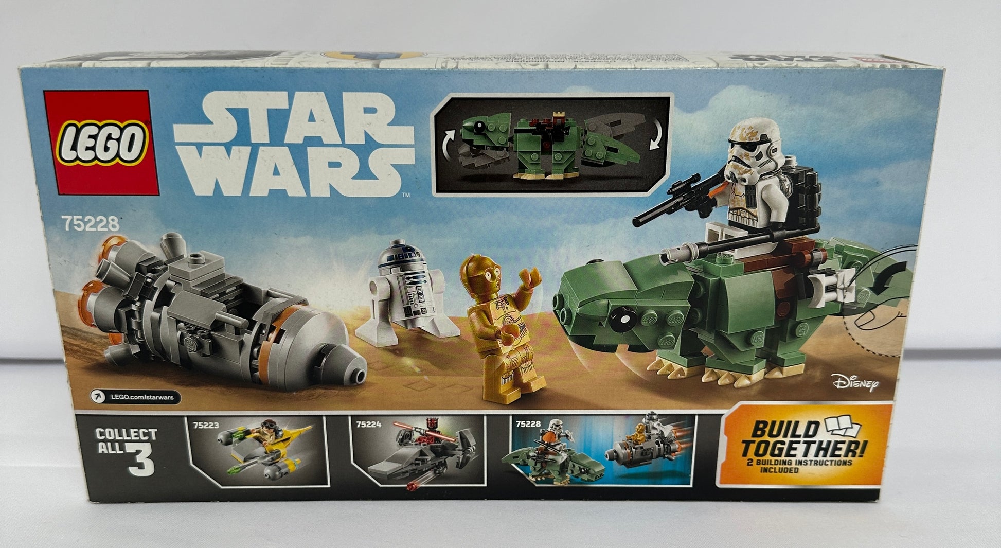 LEGO Star Wars set packaging with characters and vehicle on a white background