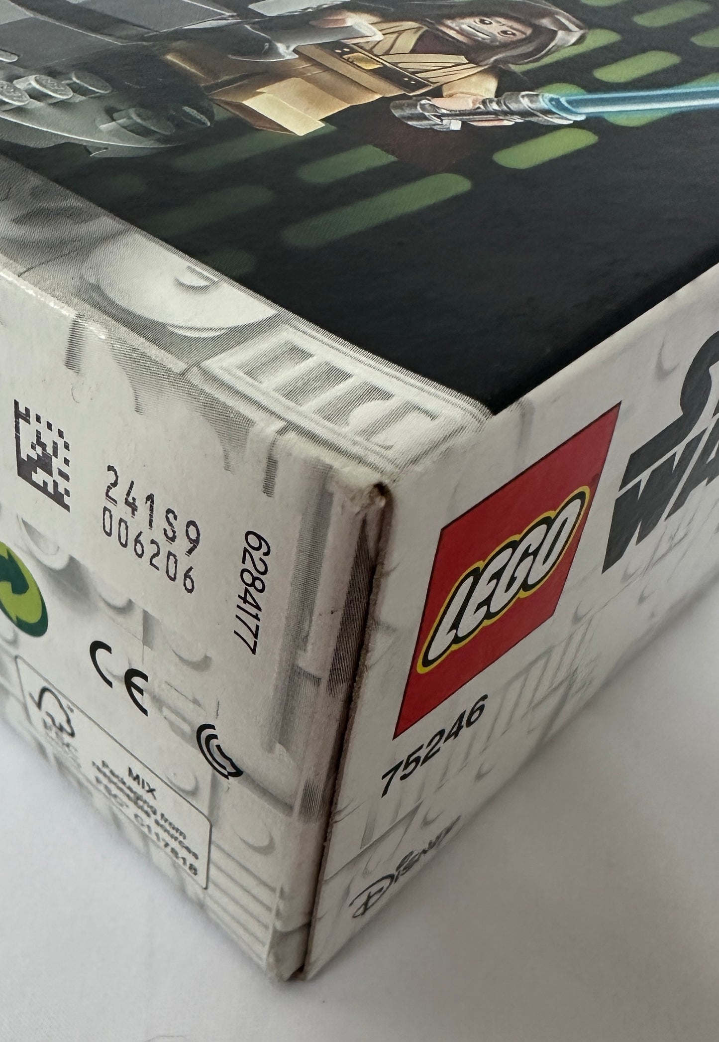 Close-up of a LEGO Star Wars packaging box with branding and product details.