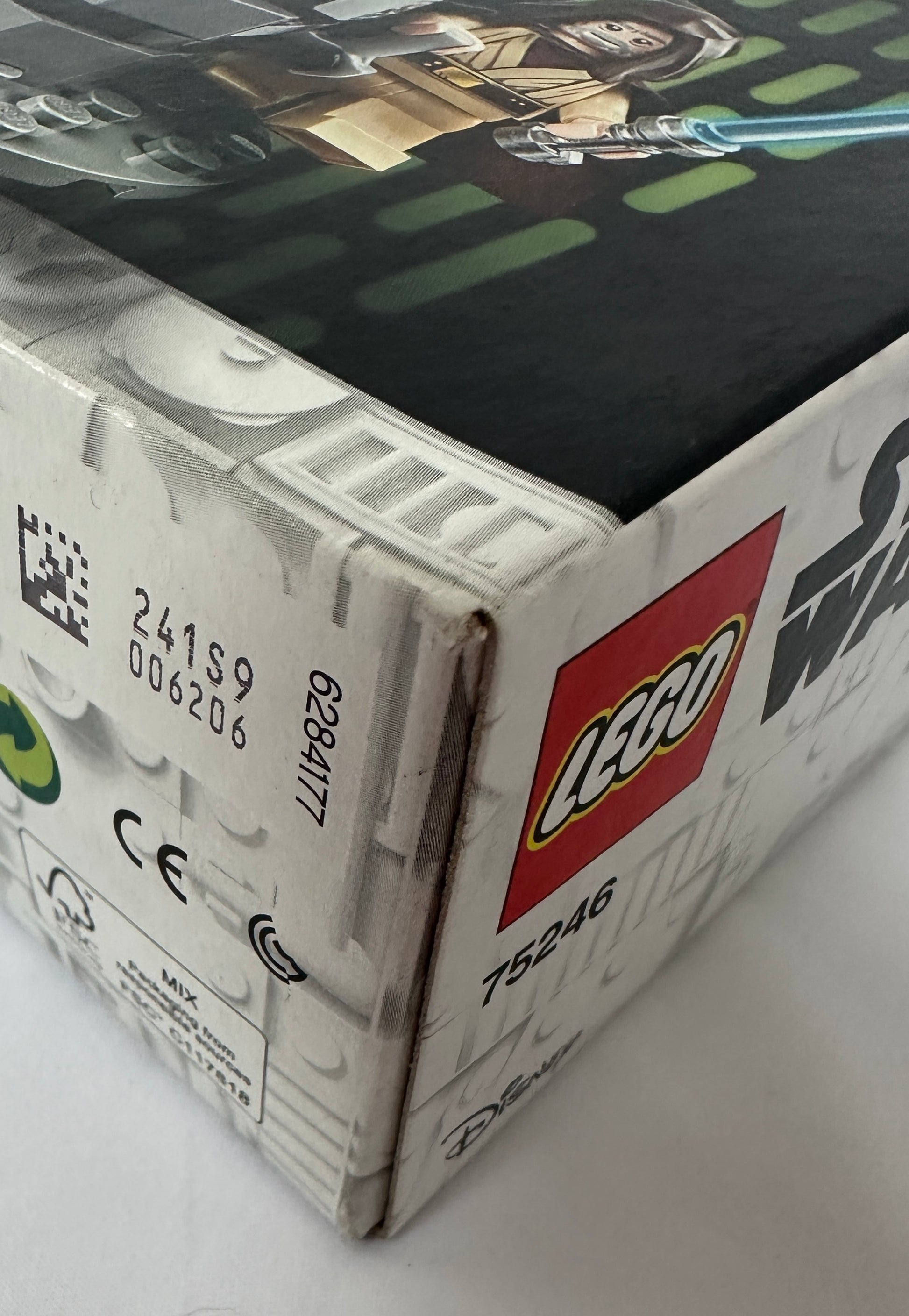 Close-up of a LEGO Star Wars packaging box with branding and product details.