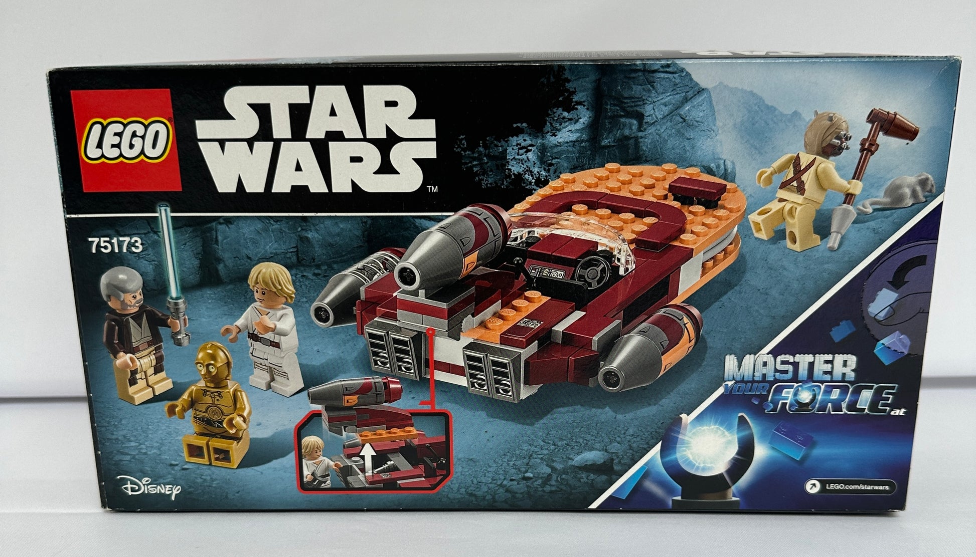 LEGO Star Wars set packaging with characters and vehicle on a white background