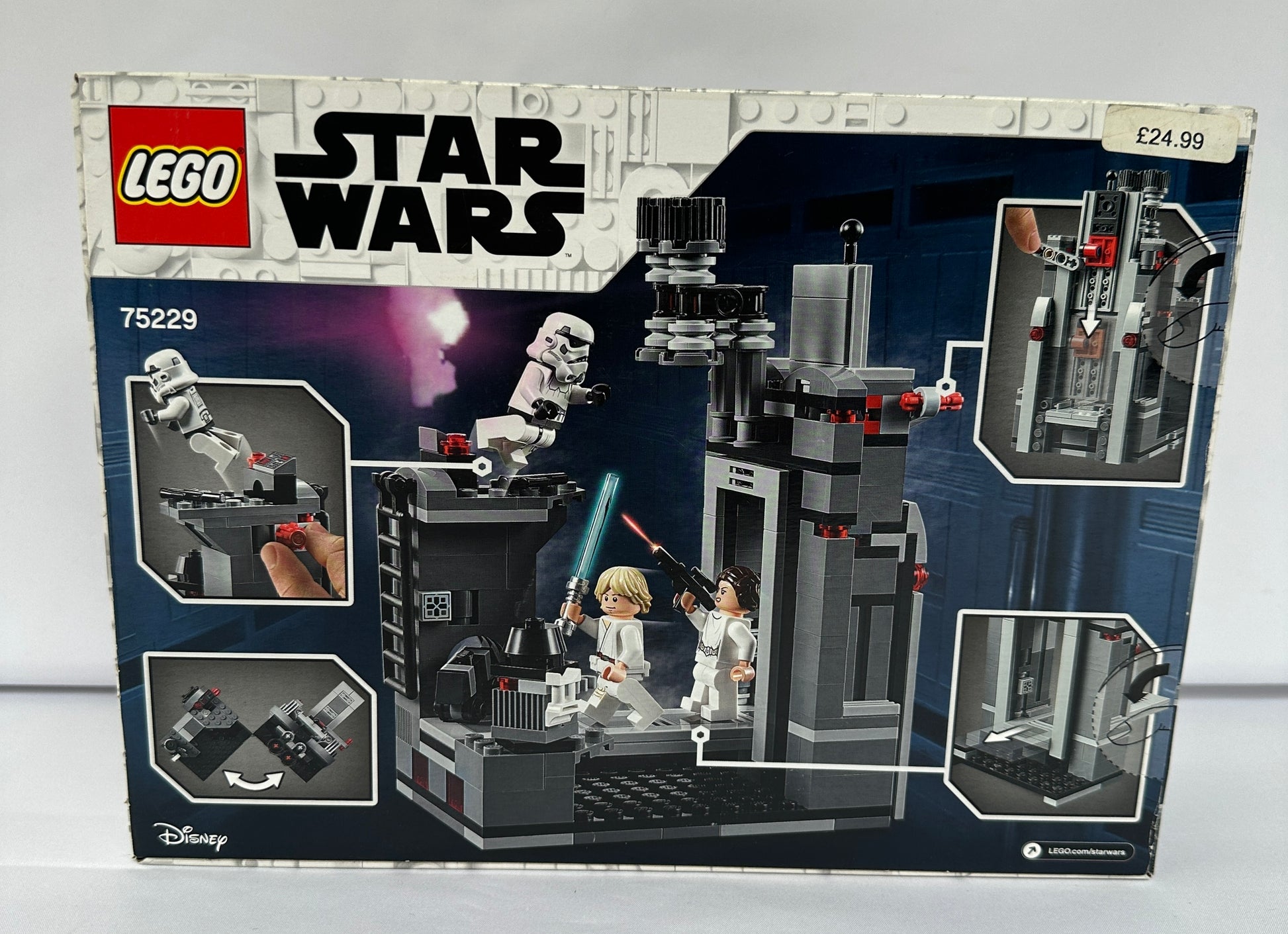 LEGO Star Wars set packaging with character illustrations on a gray background