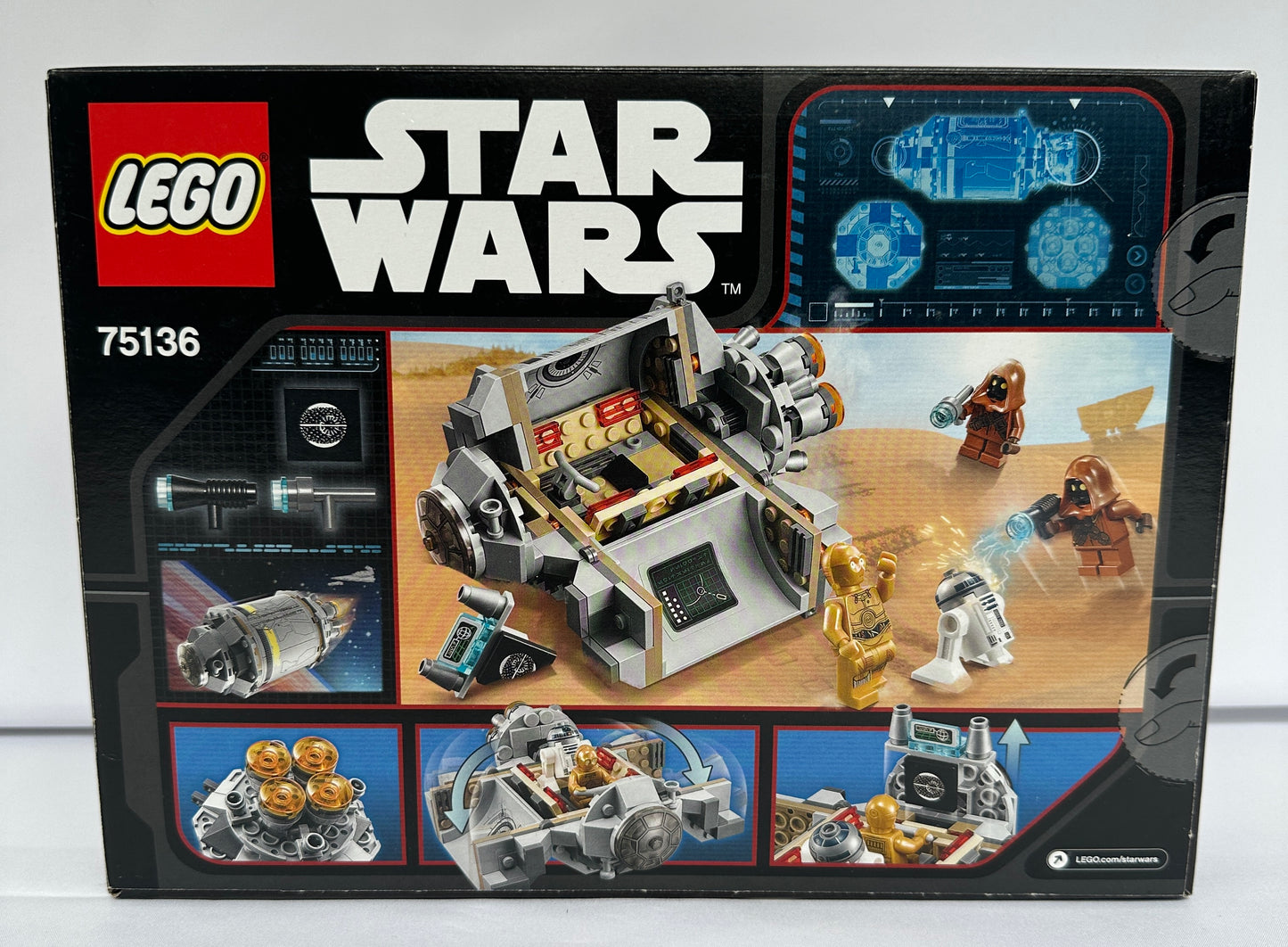 LEGO Star Wars set packaging with toy figures and structures on a black background