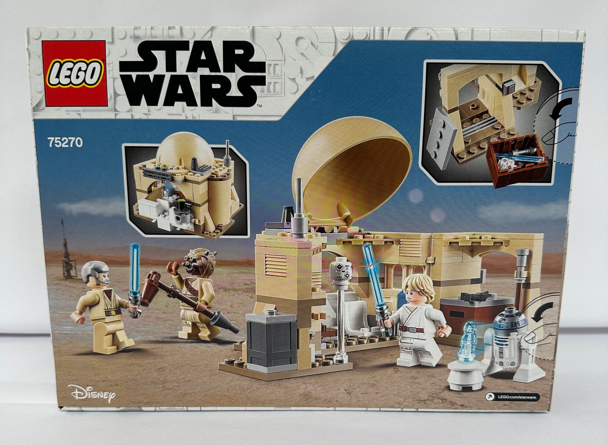 LEGO Star Wars packaging with characters and set pieces on a white background