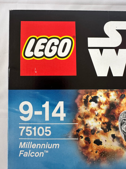 LEGO box with 'Millennium Falcon' model number 75105 on a white background