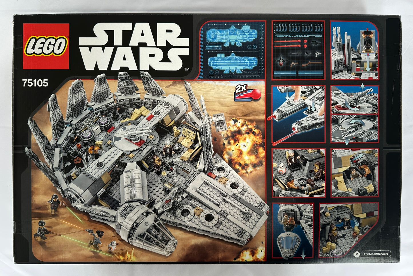 LEGO Star Wars Millennium Falcon set packaging with images of the model on a white background