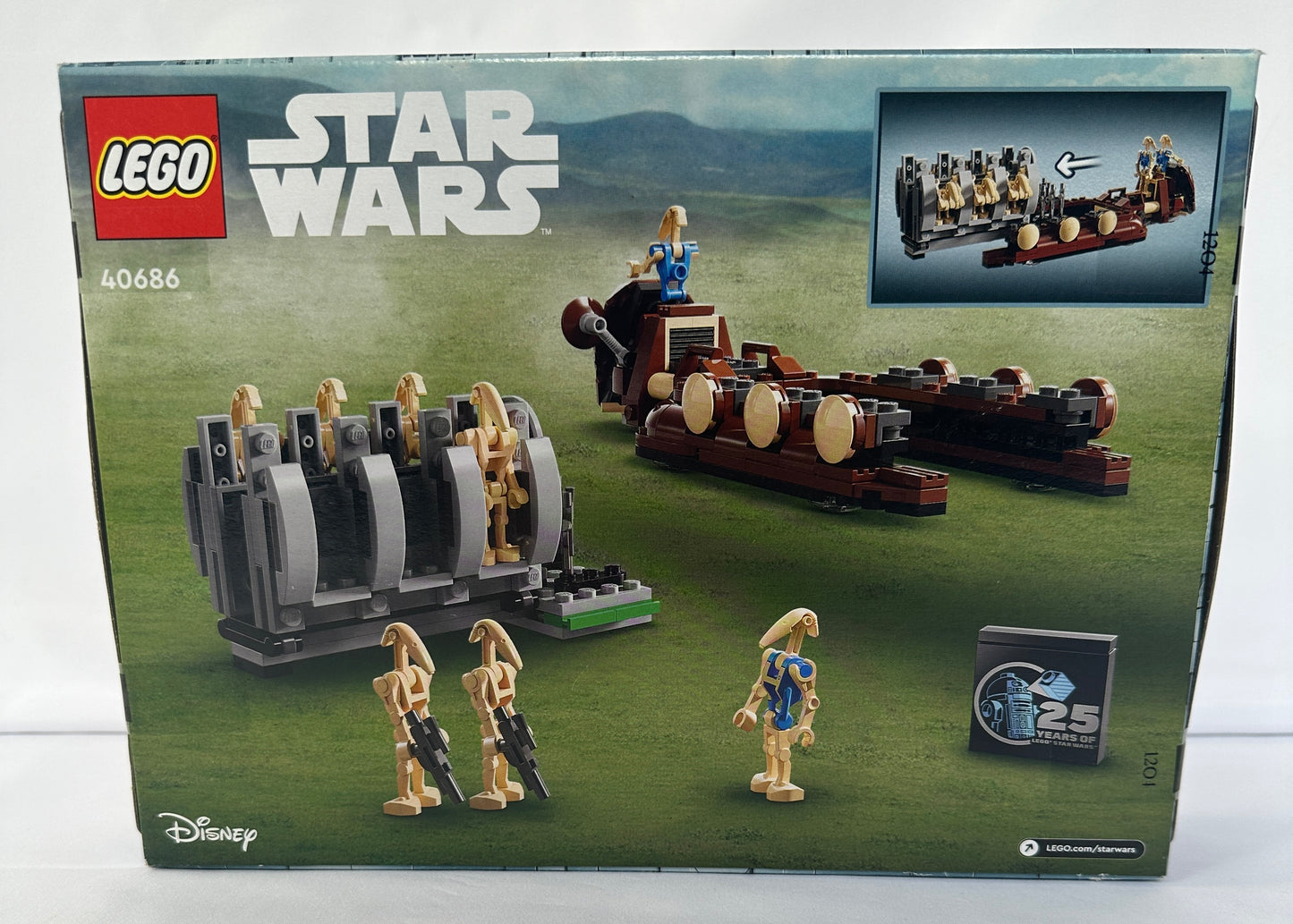 LEGO Star Wars set packaging with figures and vehicle on a grassy field background