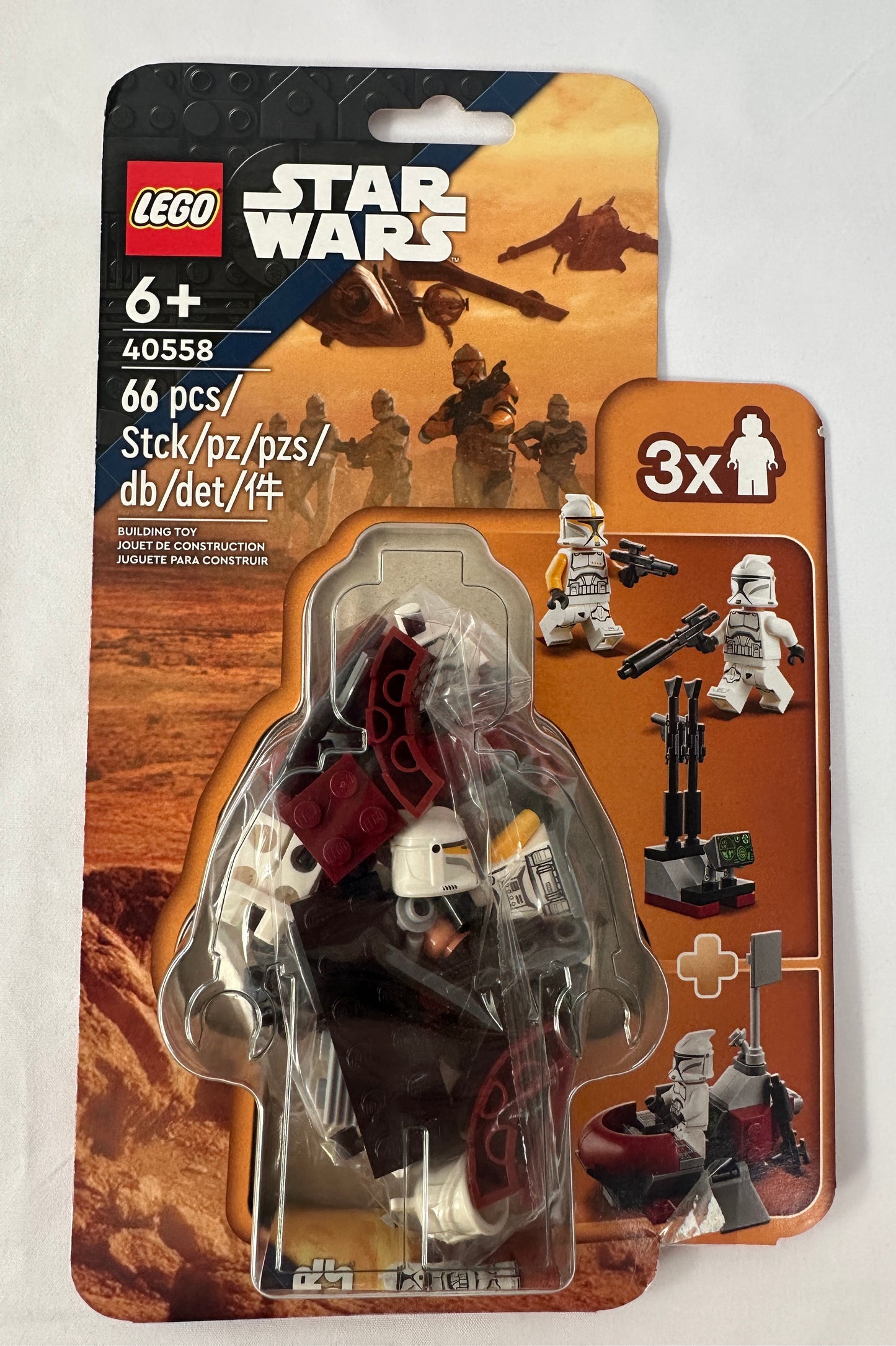 LEGO Star Wars packaging with a stormtrooper figure on a desert landscape background