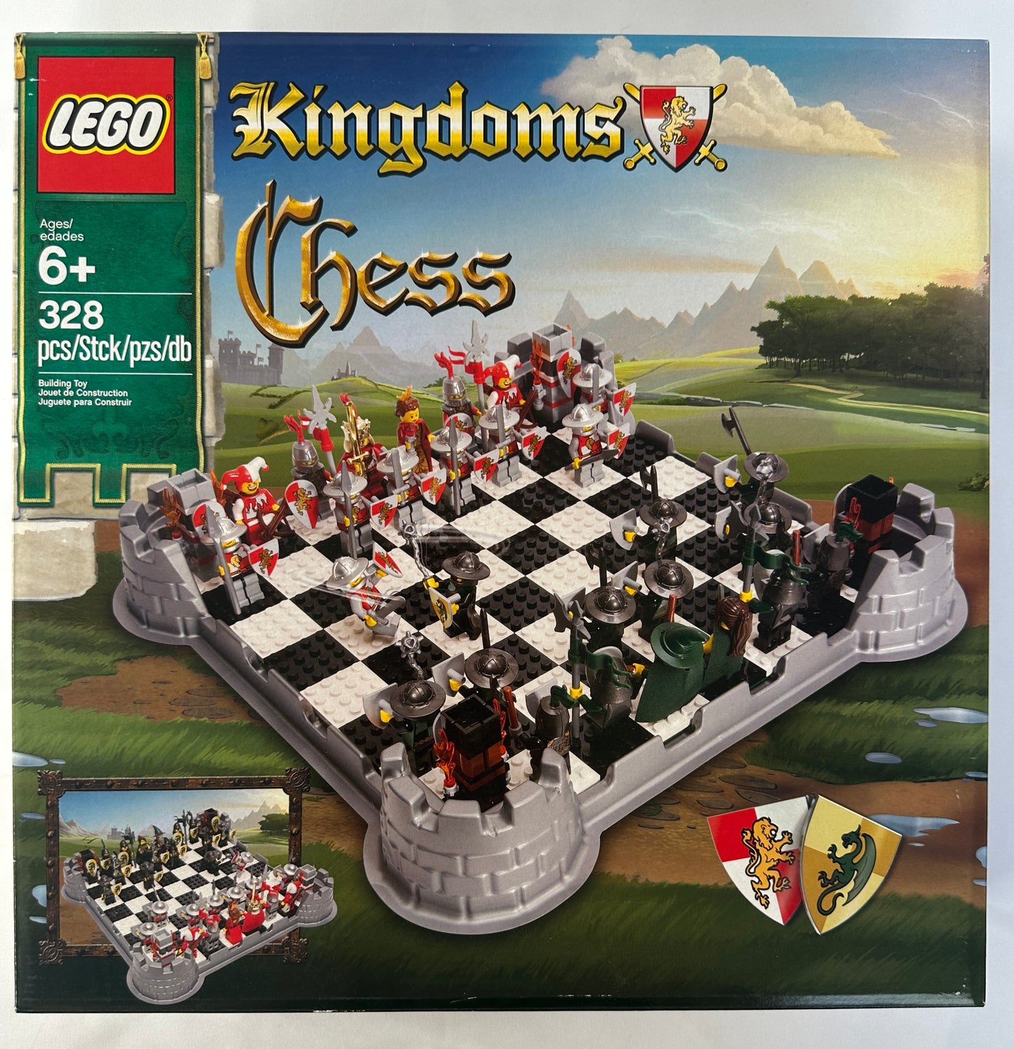 LEGO Kingdoms Chess set packaging with chessboard and pieces on a scenic background