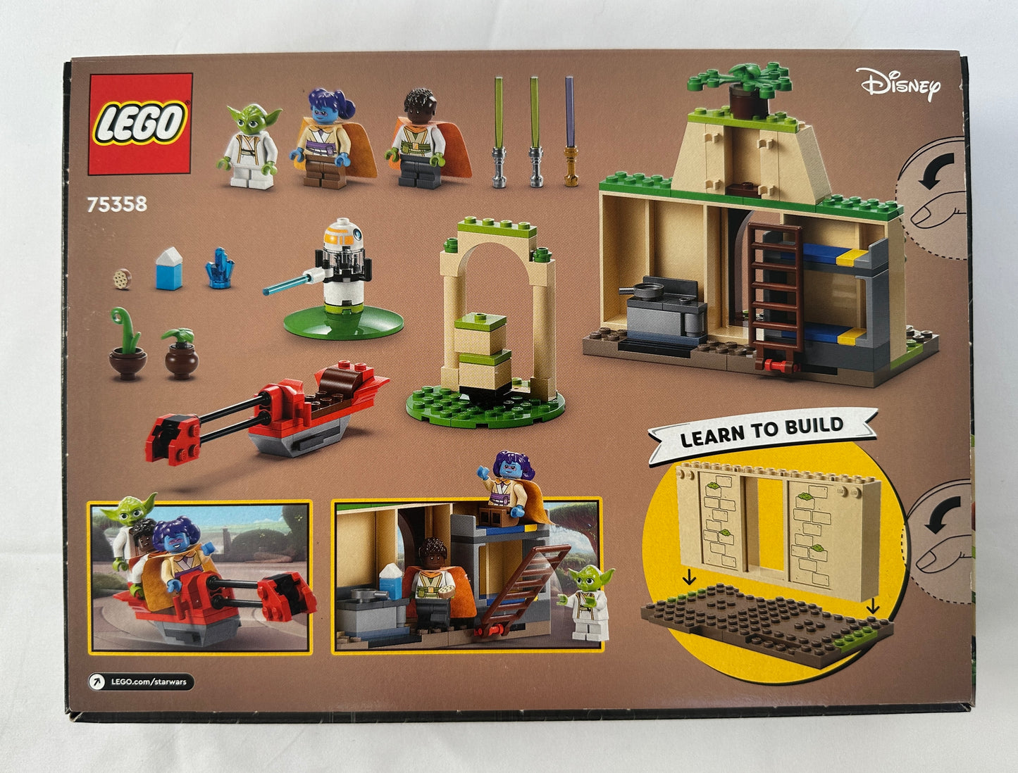 LEGO Star Wars set packaging with character figures and structures on a brown background