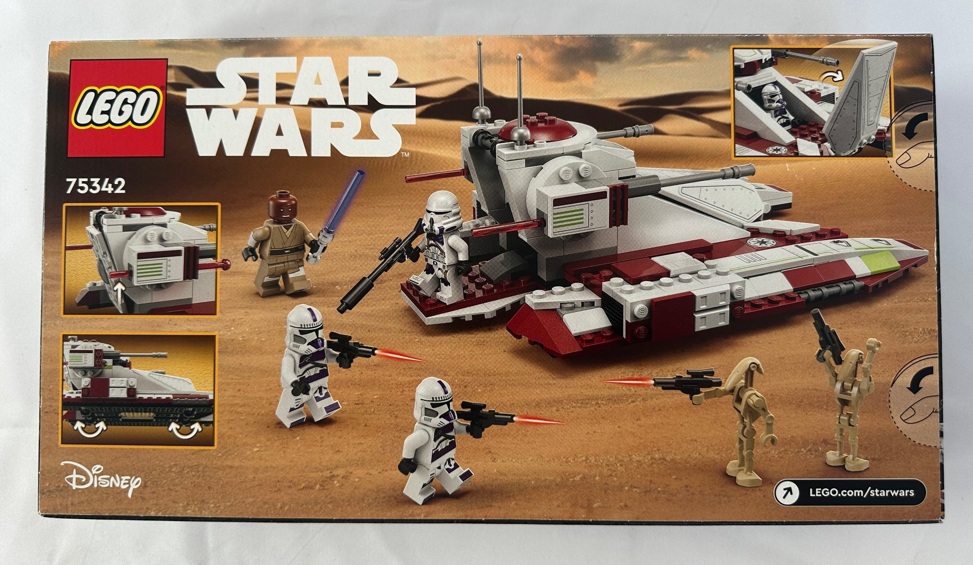 LEGO Star Wars set packaging with figures and vehicle on a desert background
