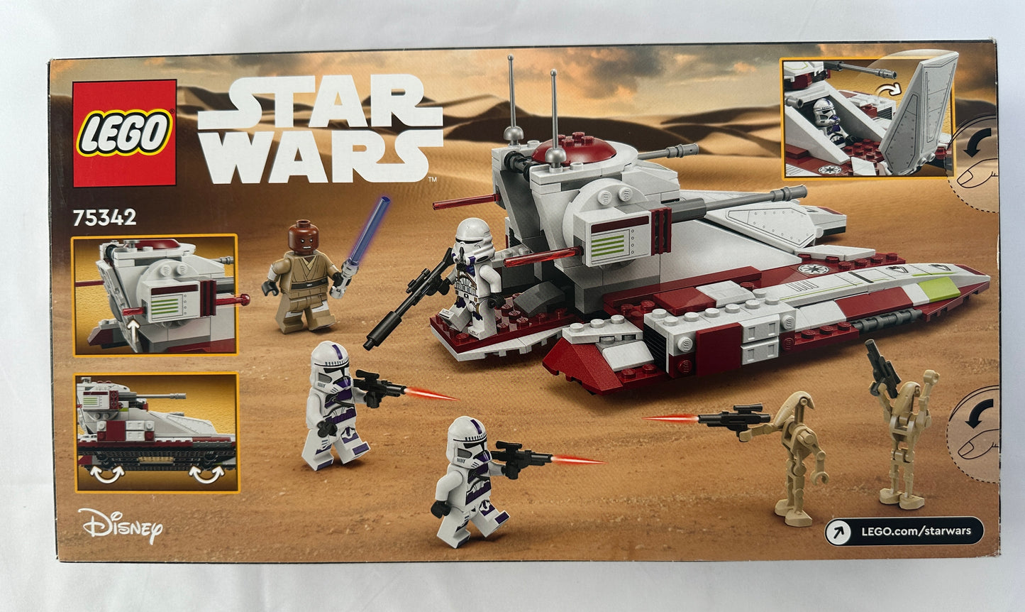 LEGO Star Wars set packaging with figures and vehicle on a desert landscape background