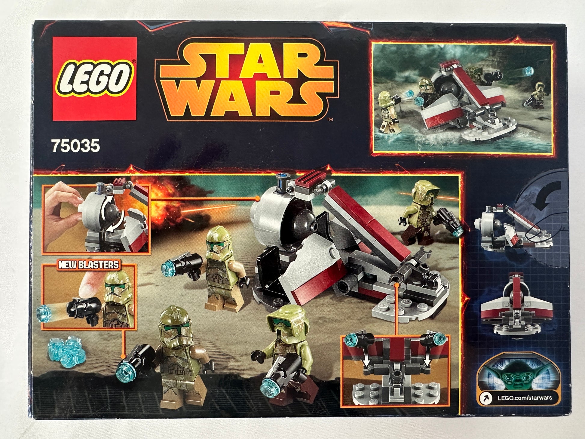 LEGO Star Wars 75035 set packaging with minifigures and vehicle on a dark background