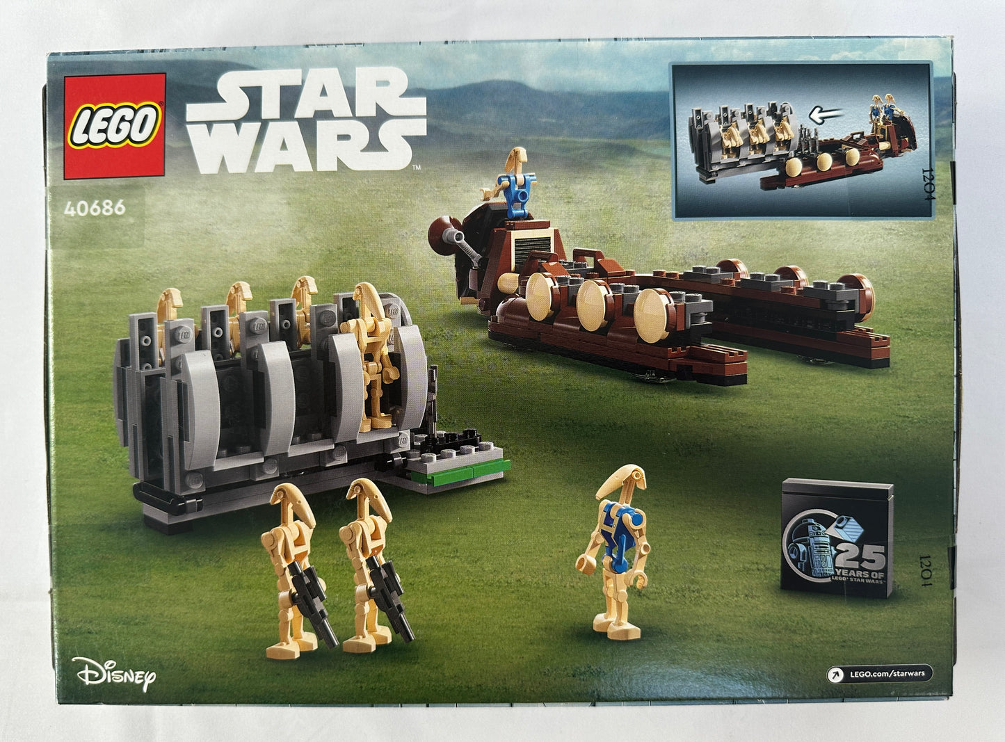 LEGO Star Wars set packaging with figures and vehicle on a grassy field background