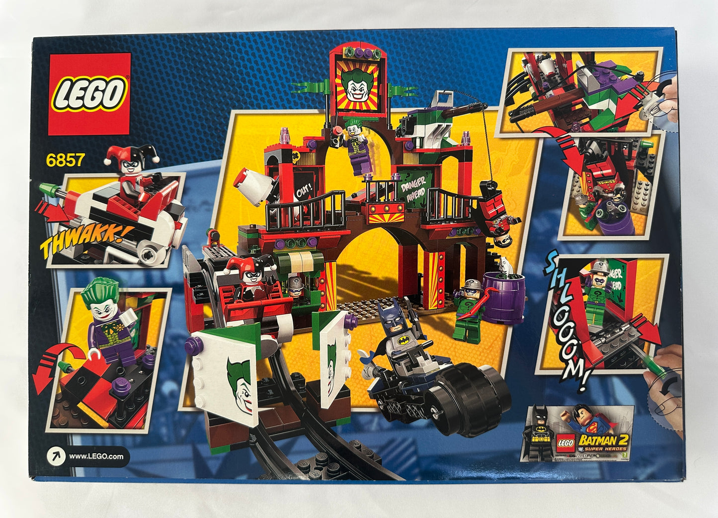 LEGO set packaging with colorful graphics and character illustrations on a blue background