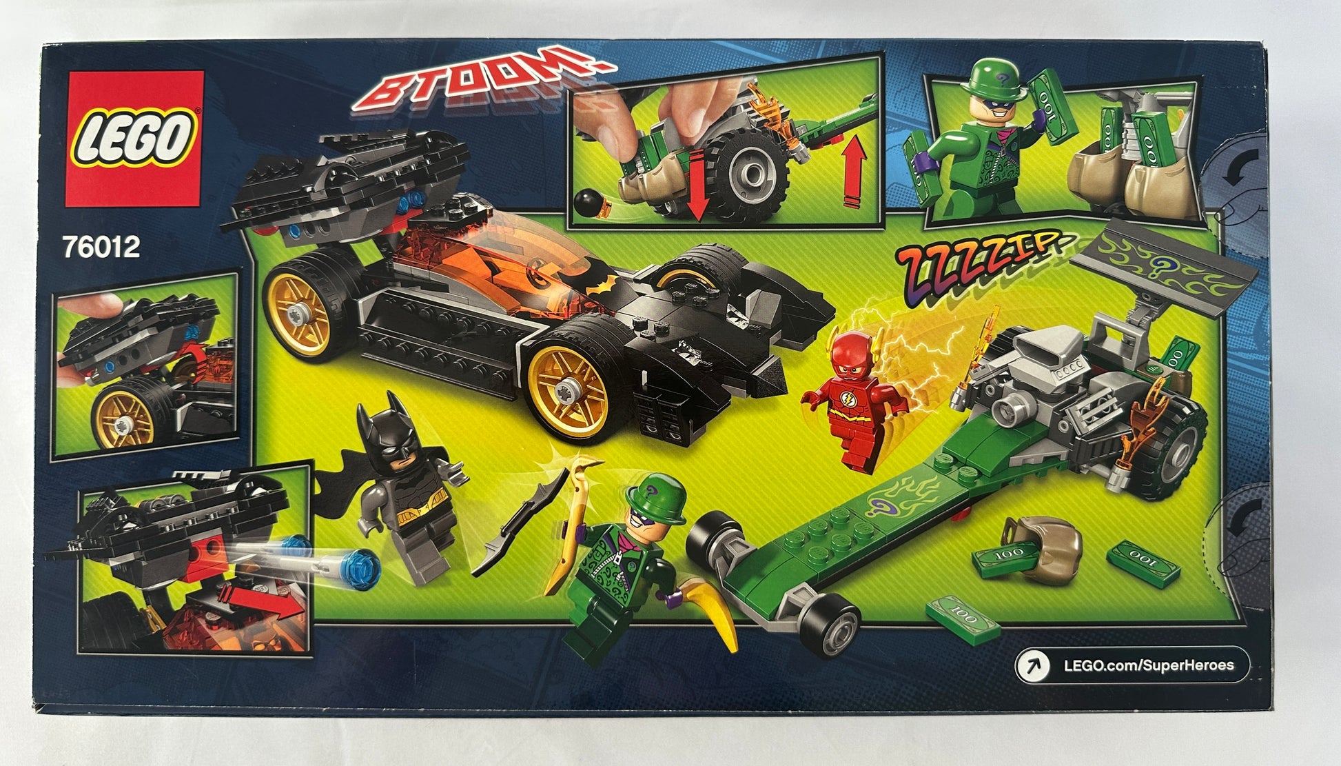 LEGO Super Heroes set packaging with characters and vehicle on a blue background