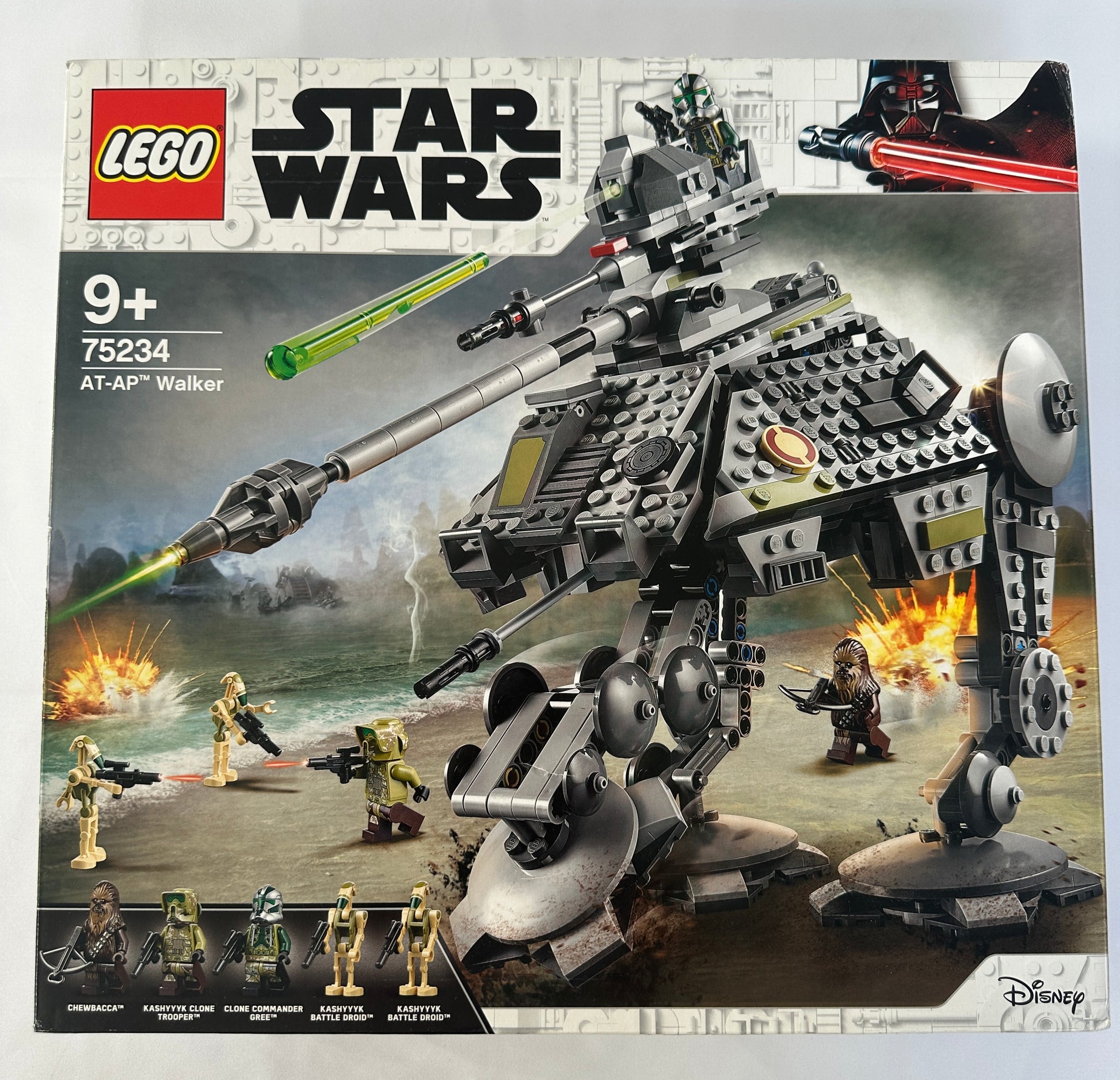 LEGO Star Wars AT-AP Walker set packaging with characters and battle scene on a stormy planet.