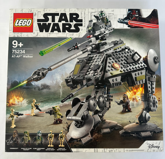 LEGO Star Wars AT-AP Walker set packaging with characters and battle scene on a stormy planet.