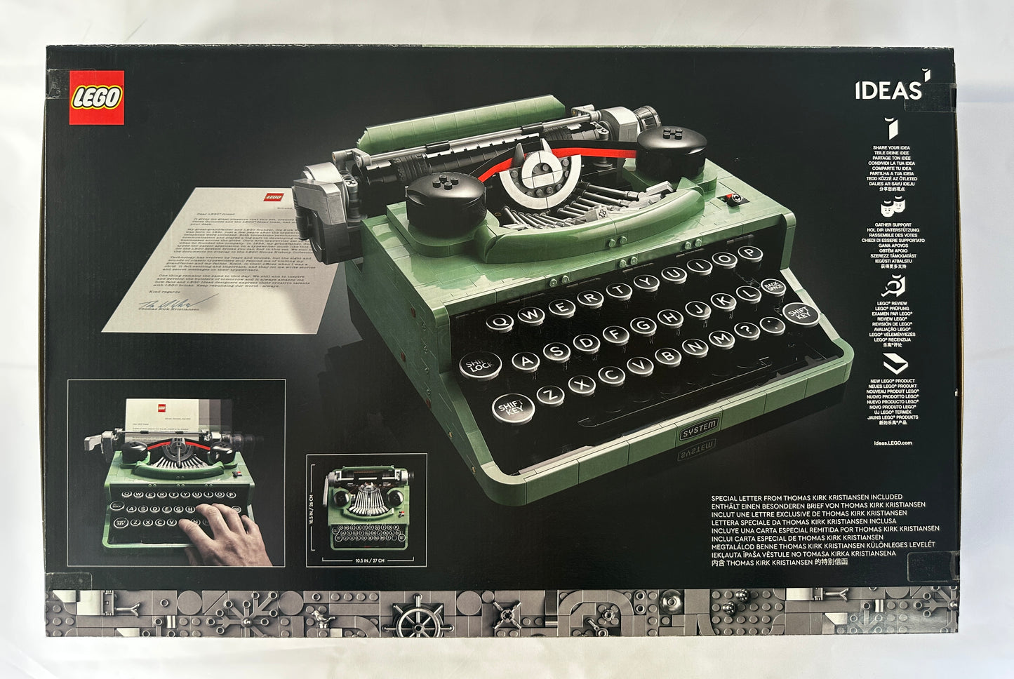 LEGO Ideas typewriter model packaging on a white background