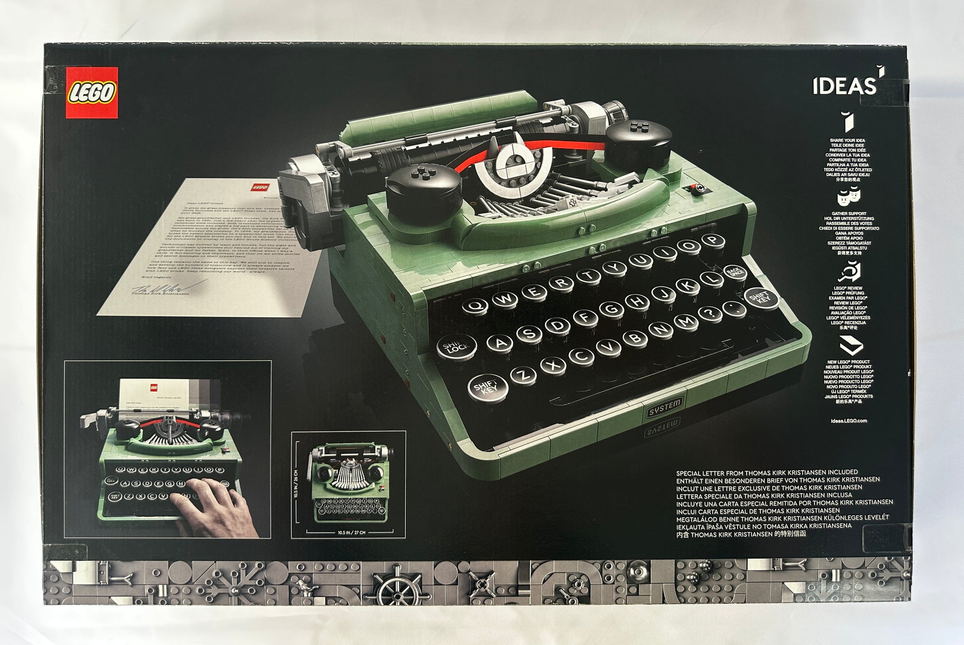 LEGO Ideas typewriter model packaging on a white background