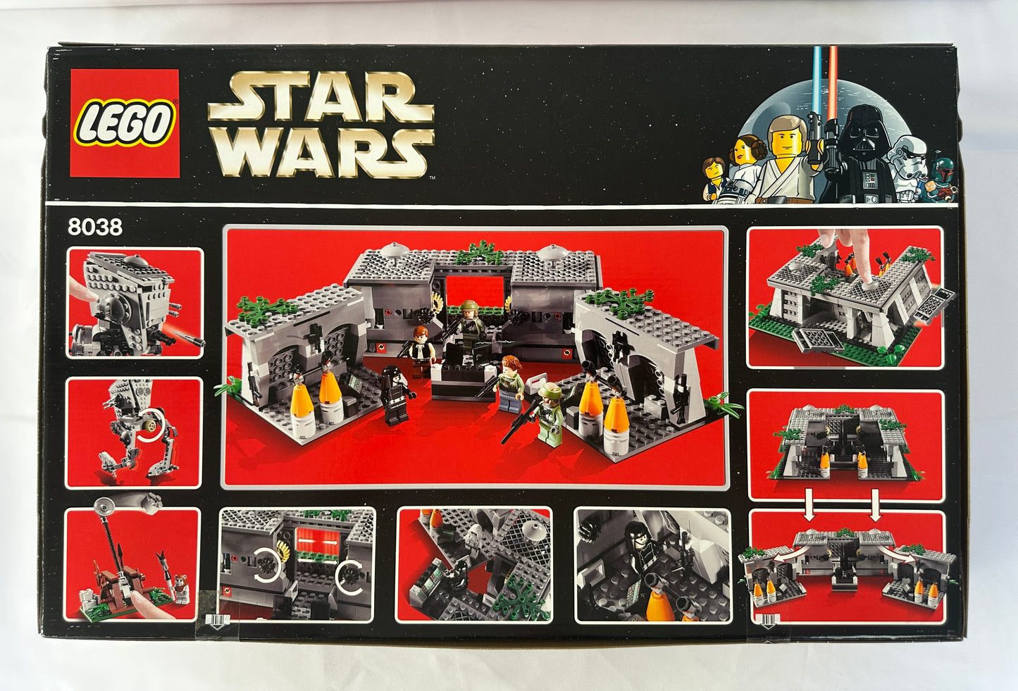 LEGO Star Wars set packaging with various minifigures and structures on a red background