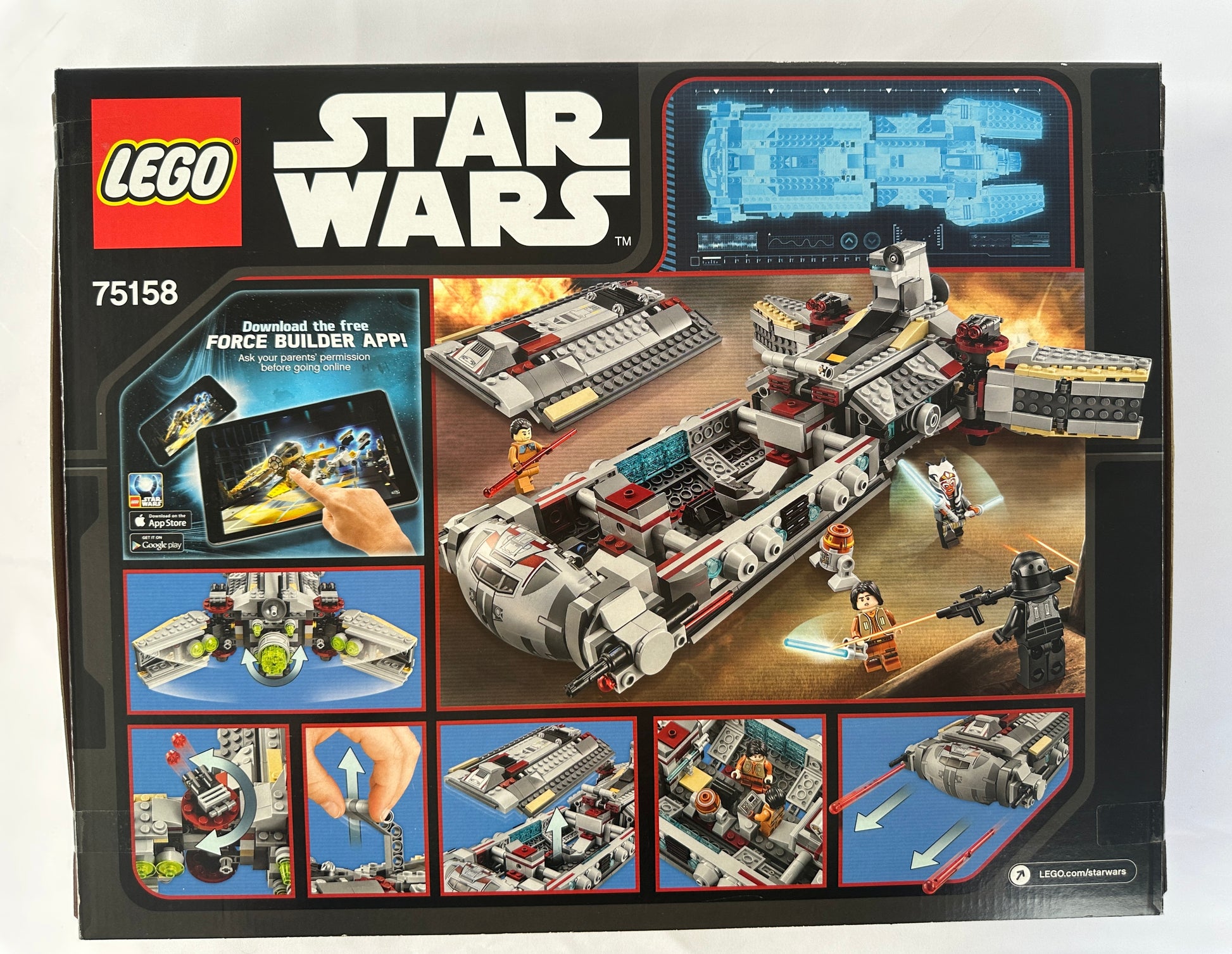 LEGO Star Wars packaging with toy model and app interface on a white background