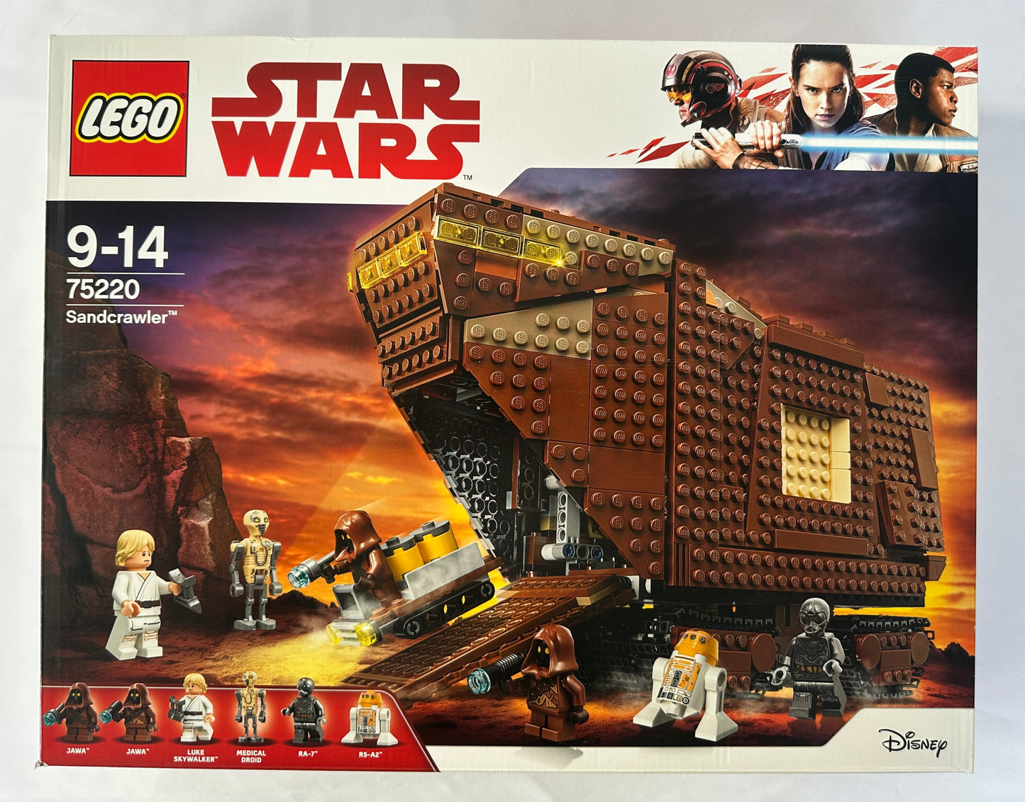 LEGO Star Wars Sandcrawler set packaging with characters and sunset landscape