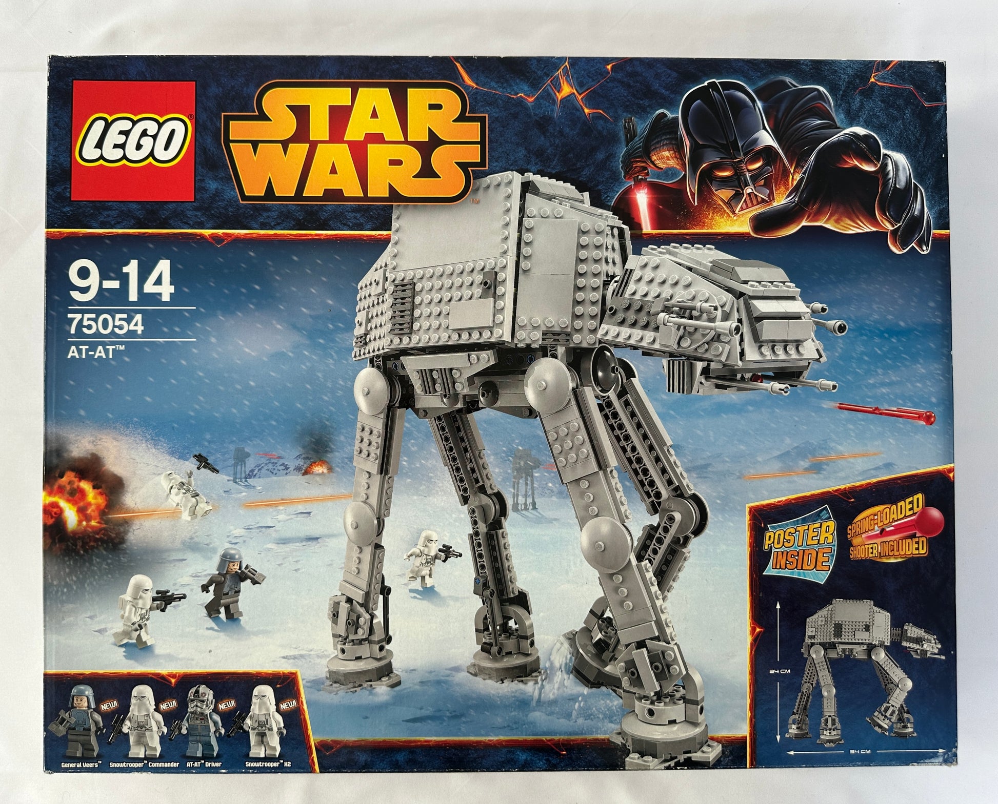 LEGO Star Wars AT-AT set packaging with stormtroopers and Darth Vader on a snowy landscape.