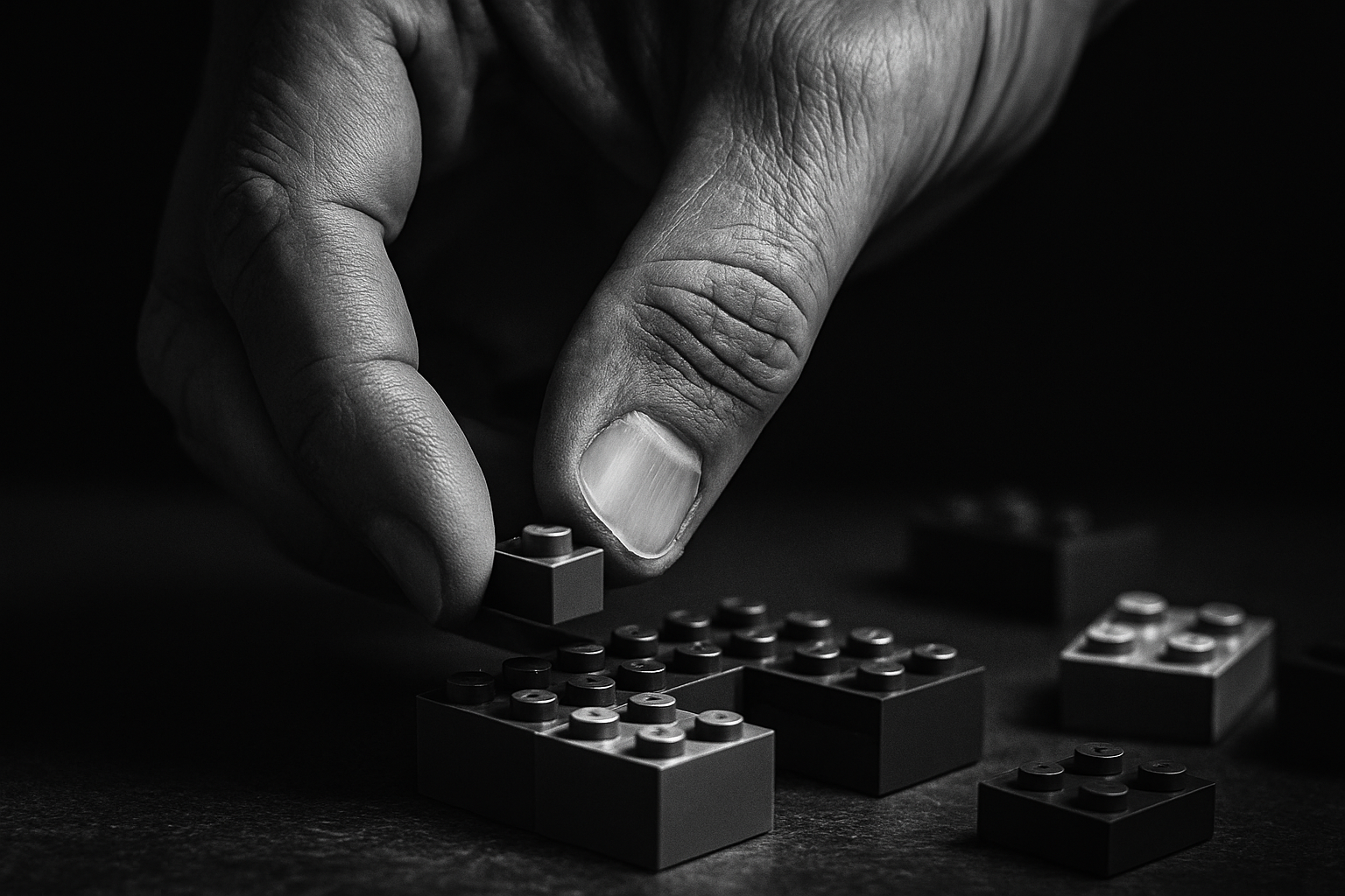 A black and white close up artsy photograph of an adult hand building a Lego set